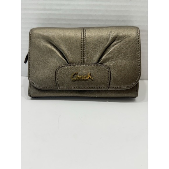 RARE! Coach Ashley Leather Pleated Bi-fold Wallet‎ Bronze Metallic Gold W/zipper - Picture 1 of 11